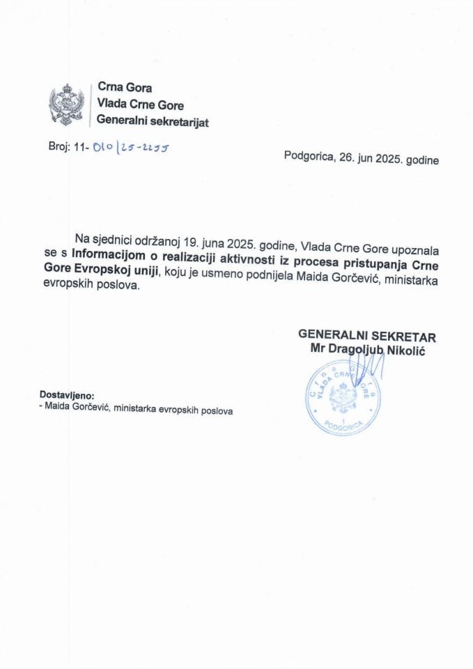 Усмена информација о реализацији активности из процеса приступања Црне Горе Европској унији - Закључци