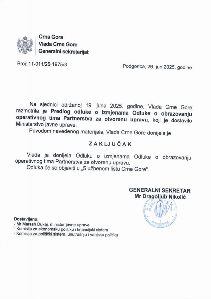 Предлог одлуке о измјенама Одлуке о образовању оперативног тима Партнерства за отворену управу - Закључци