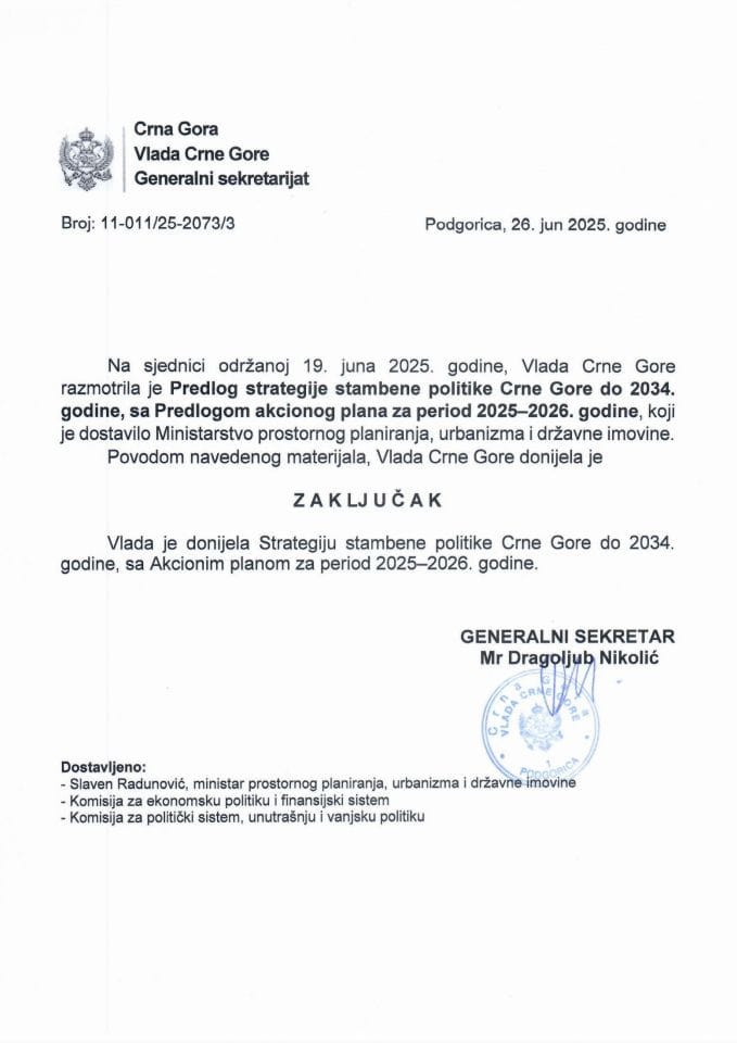 Предлог стратегије стамбене политике Црне Горе до 2034. године са Приједлогом акционог плана за период 2025 - 2026. - Закључци