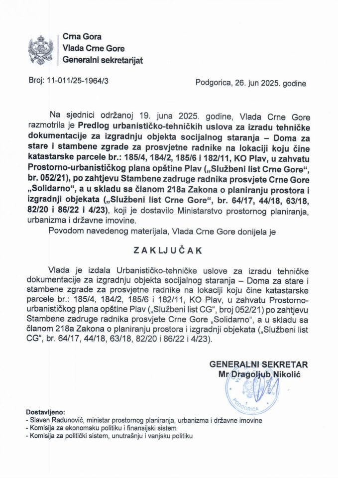 Предлог урбанистичко техничких услова за израду техничке документације за изградњу објекта социјалног старања - Дома за старе и стамбене зграде за просвјетне раднике на локацији коју чине катастарске парцеле бр.: 185/4, 184/2, 185/6 и 182/11 КО Плав