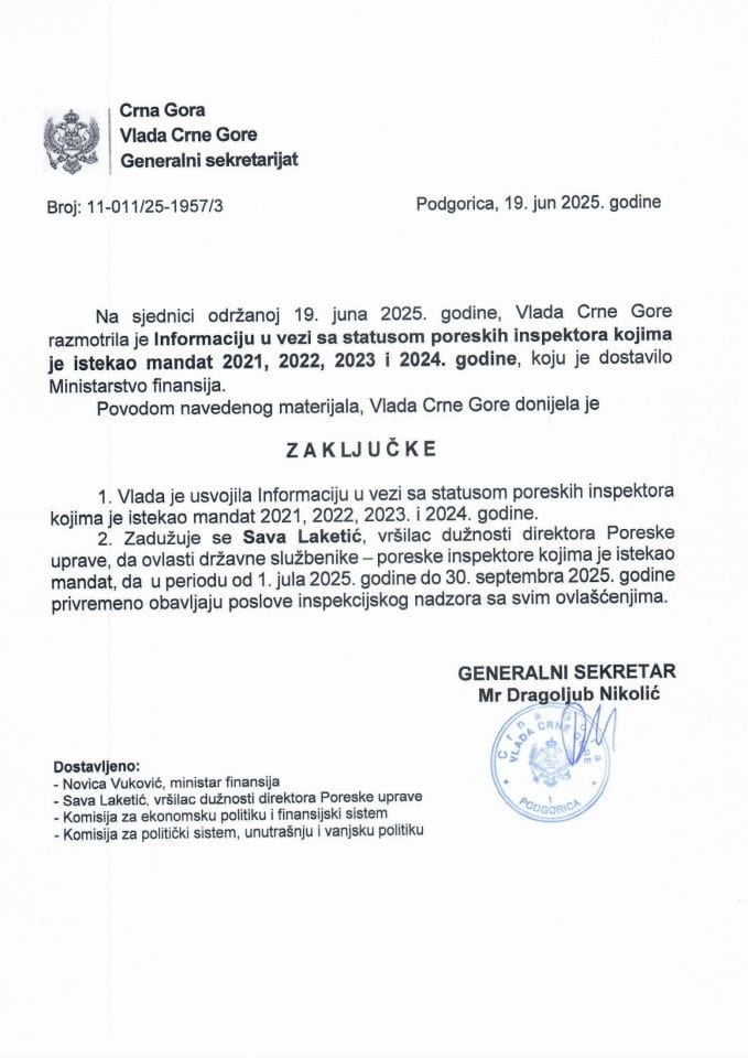 Информација у вези са статусом пореских инспектора којима је истекао мандат 2021, 2022, 2023 и 2024. године - Закључци