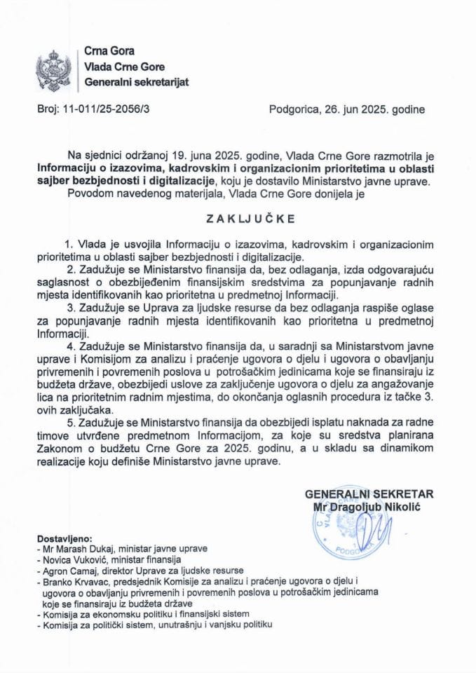 Информација о изазовима и ризицима у области дигитализације и сајбер безбједности са посебним утицајем на испуњавање индикатора из Реформске агенде за Црну Гору - Закључци