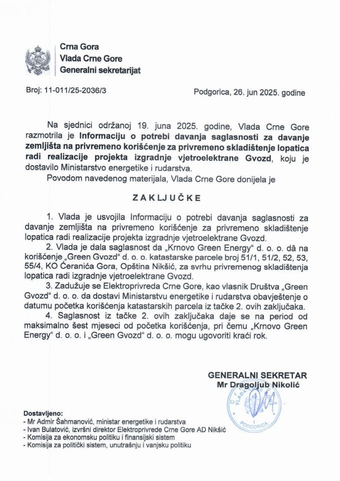 Информација о потреби давања сагласности за давање земљишта на привремено коришћење за привремено складиштење лопатица ради реализације пројекта изградње вјетроелектране Гвозд - Закључци