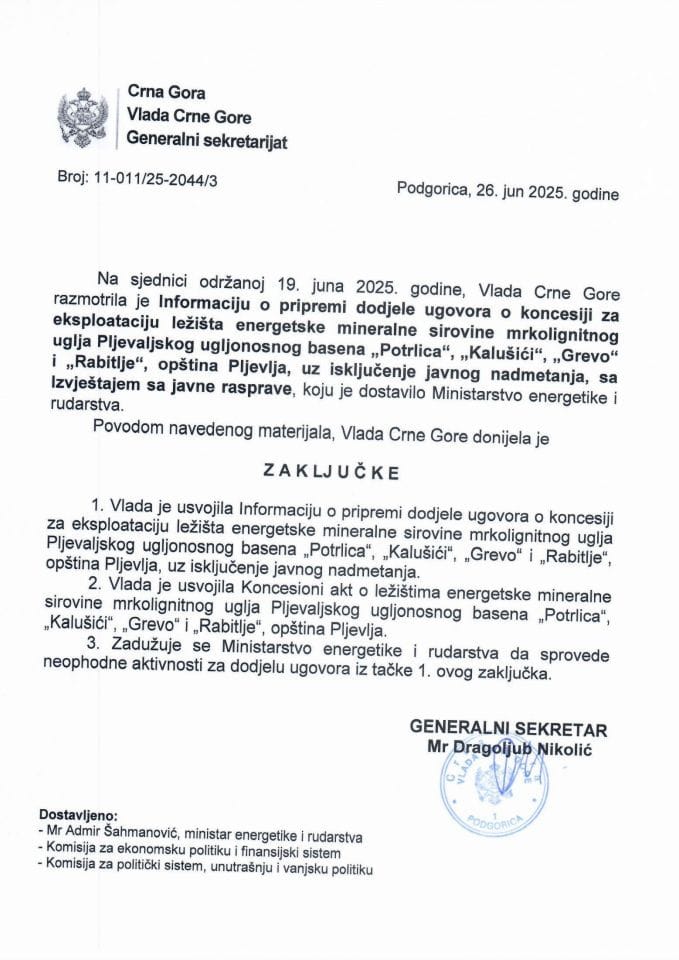 Информација о припреми додјеле уговора о концесији за експлоатацију лежишта енергетске минералне сировине мрколигнитног угља Пљеваљског угљоносног басена - Закључци