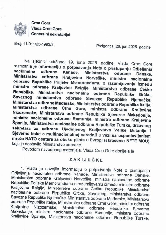 Информација о потписивању Ноте о приступању о мултинационалној сарадњи у вези са успостављањем мреже NATO центара за обуку пилота у Европи (скраћено: NFTE MOU) - Закључци