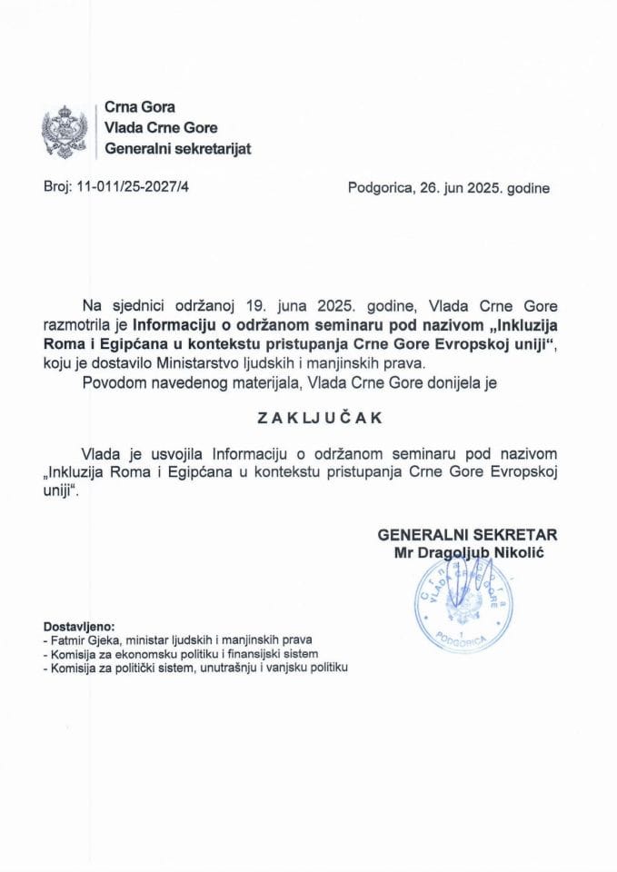 Информација о одржаном семинару под називом "Инклузија Рома и Египћана у контексту приступања Црне Горе Европској унији" - Закључци