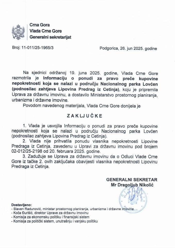 Информација о понуди за право прече куповине непокретности која се налази у подручју Националног парка Ловћен (подносилац захтјева Липовина Предраг из Цетиња) - Закључци