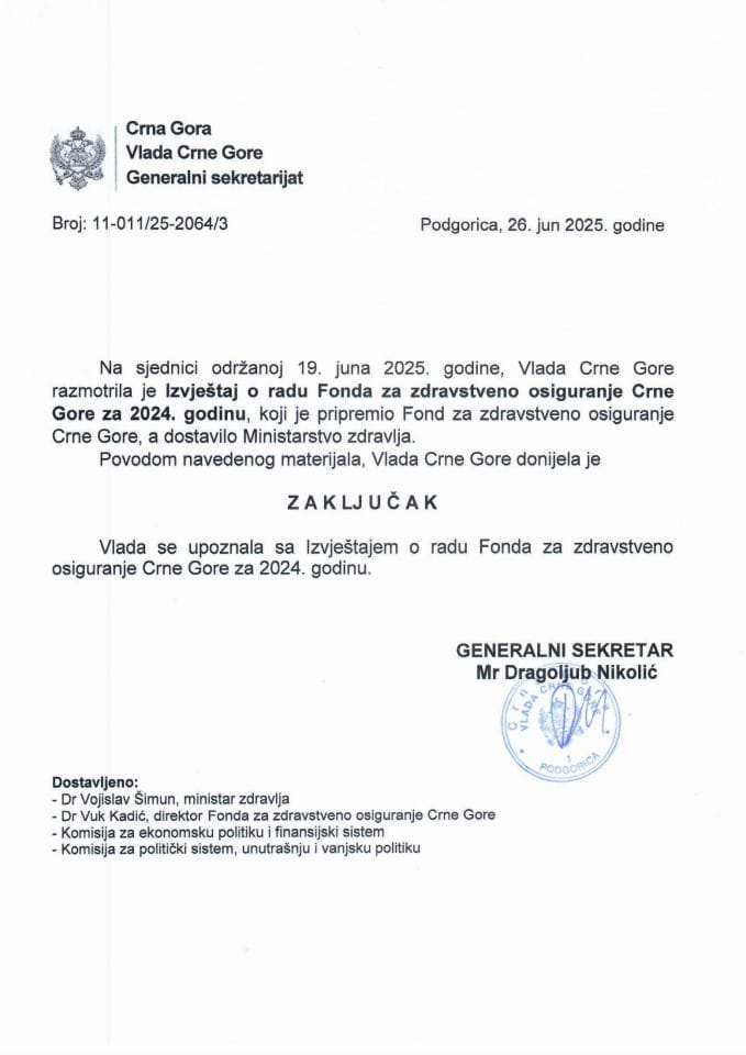 Извјештај о раду Фонда за здравствено осигурање Црне Горе за 2024. годину - Закључци