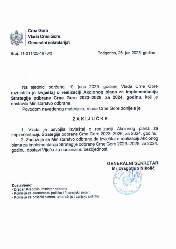 Извјестај о реализацији Акционог плана за имплементацију Стратегије одбране Црне Горе 2023-2026, за 2024. годину - Закључци