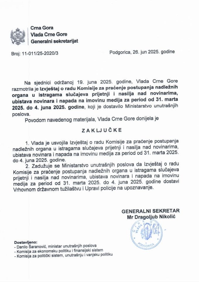 Извјештај о раду Комисије за праћење поступања надлежних органа у истрагама случајева пријетњи и насиља над новинарима за период од 31.03.2025 до 04.06.2025. - Закључци