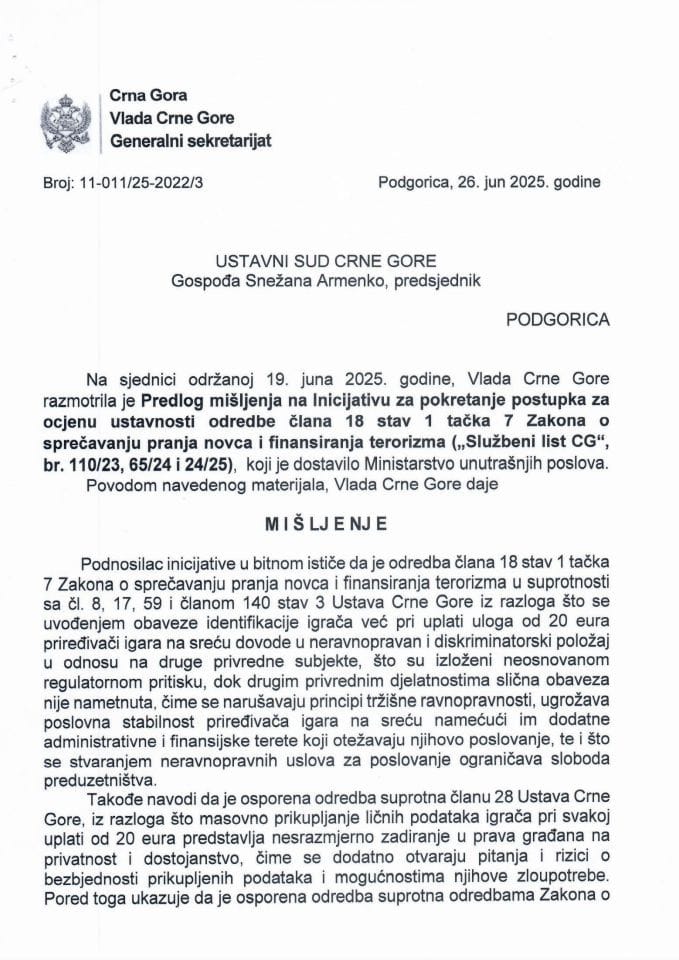 Предлог мишљења на Иницијативу за покретање поступка за оцјену уставности одредбе члана 18 став 1 тачка 7 Закона о спречавању прања новца и финансирања тероризма ("Службени лист ЦГ", бр. 110/23, 65/24 и 24/25) - Закључци