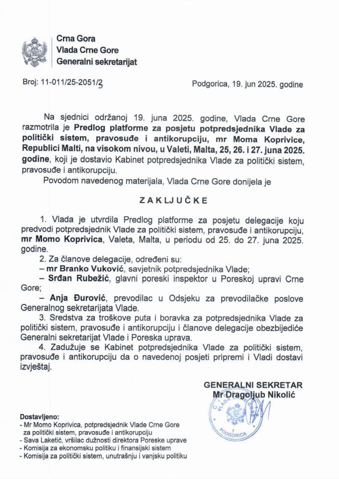 Предлог платформе за посјету потпредсједника Владе за политички систем, правосуђе и антикорупцију мр Мома Копривице Републици Малти на високом нивоу у Валети, Малта, 25. 26. 27. јун 2025. године - Закључци