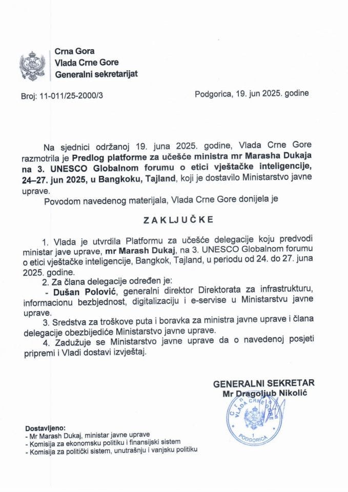 Предлог платформе за учешће министра мр Marasha Dukaja на 3. UNESCO Глобалном форуму о етици вјештаћке интелигенције, 24 - 27. јун 2025, у Бангкоку, Тајланд - Закључци