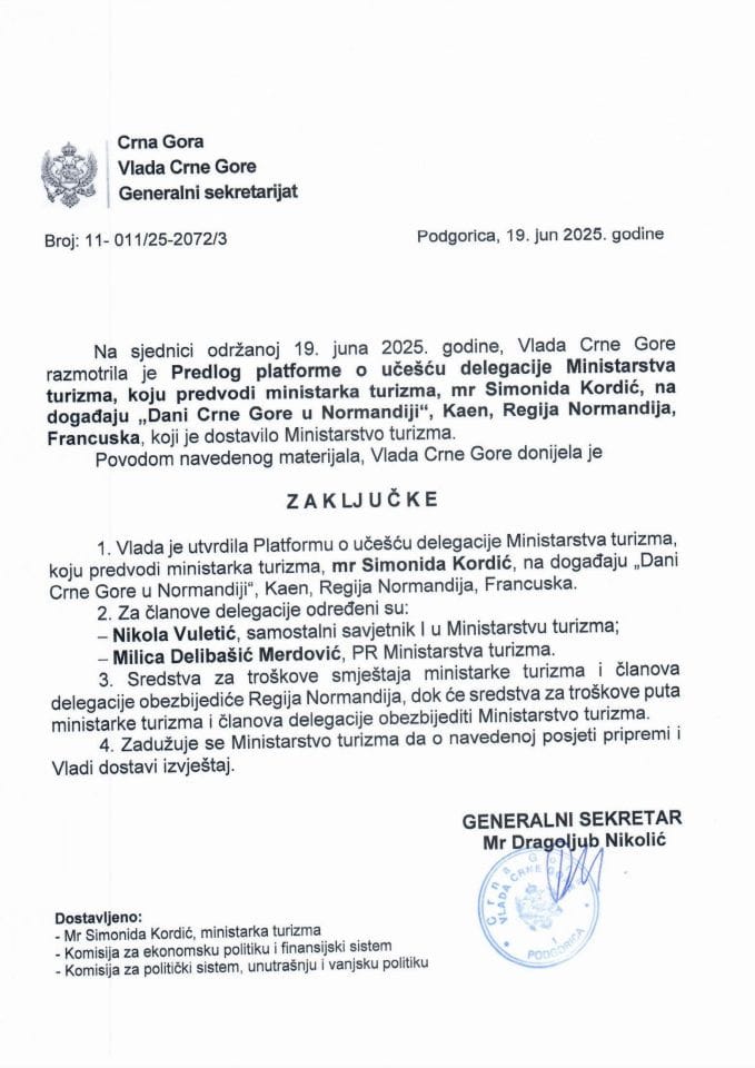 Предлог платформе о учешћу делегације Министарства туризма, коју предводи министар туризма мр Симонида Кордић, на догађају „Дани Црне Горе у Нормандији“, 19 - 20. јун 2025. године, Каен, Регија Нормандија, Француска - Закључци