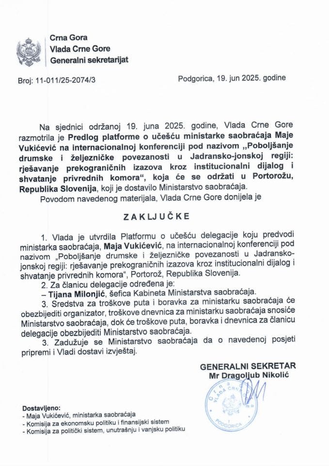 Предлог платформе о учешћу министарке саобраћаја, Маје Вукићевић, на интернационалној конференцији под називом ,,Побољшање друмске и жељезничке повезаности у Јадранско-јонској регији, која ће се одржати у Порторожу, 18. - 19. јуна 2025. године - Закључци