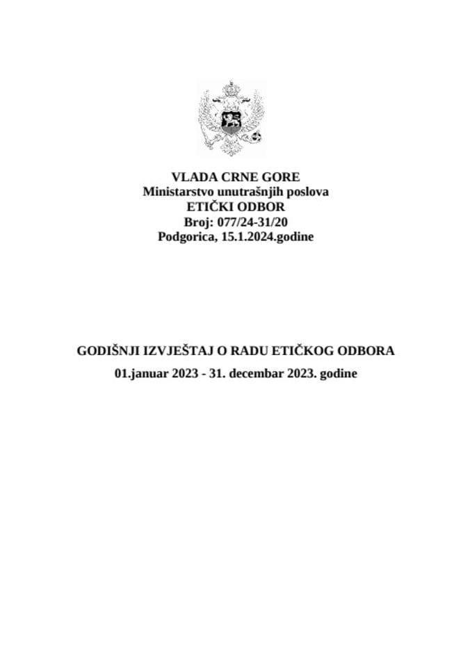 Godišnji izvještaj o radu Etičkog odbora za 2023. godinu