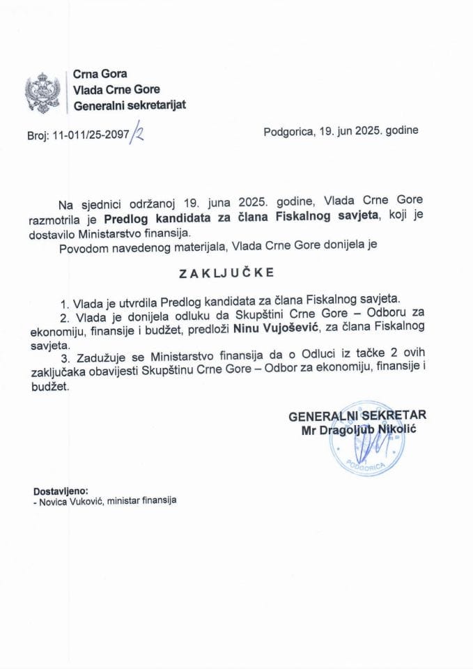 Предлог кандидата за члана Фискалног савјета - Закључци