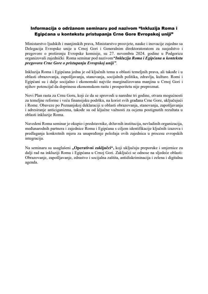 Информација о одржаном семинару под називом "Инклузија Рома и Египћана у контексту приступања Црне Горе Европској унији"