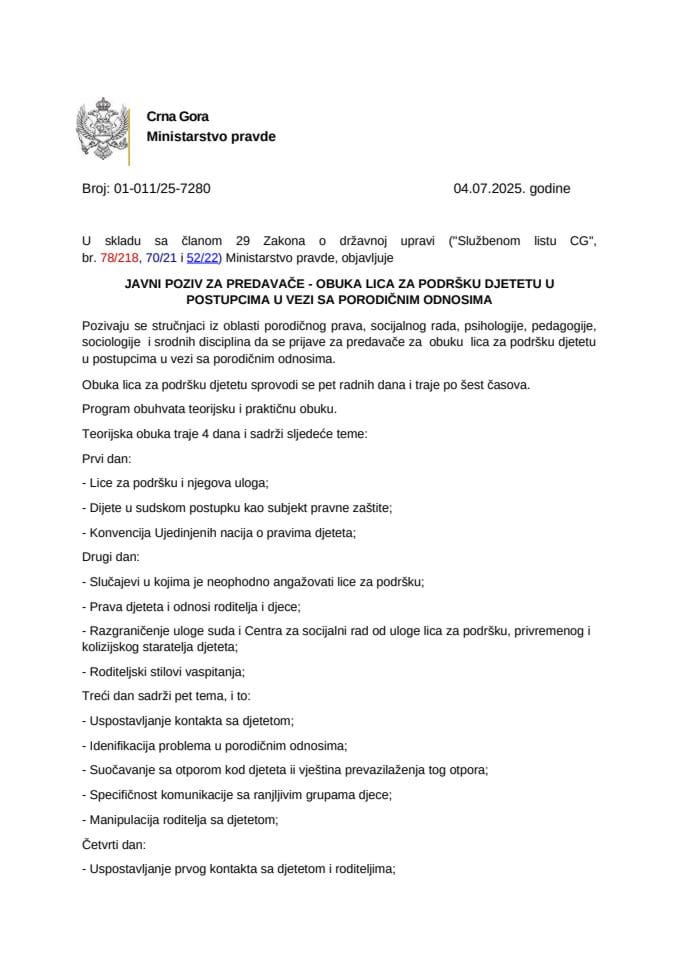 JAVNI POZIV ZA PREDAVAČE - OBUKA LICA ZA PODRŠKU DJETETU U POSTUPCIMA U VEZI SA PORODIČNIM ODNOSIMA