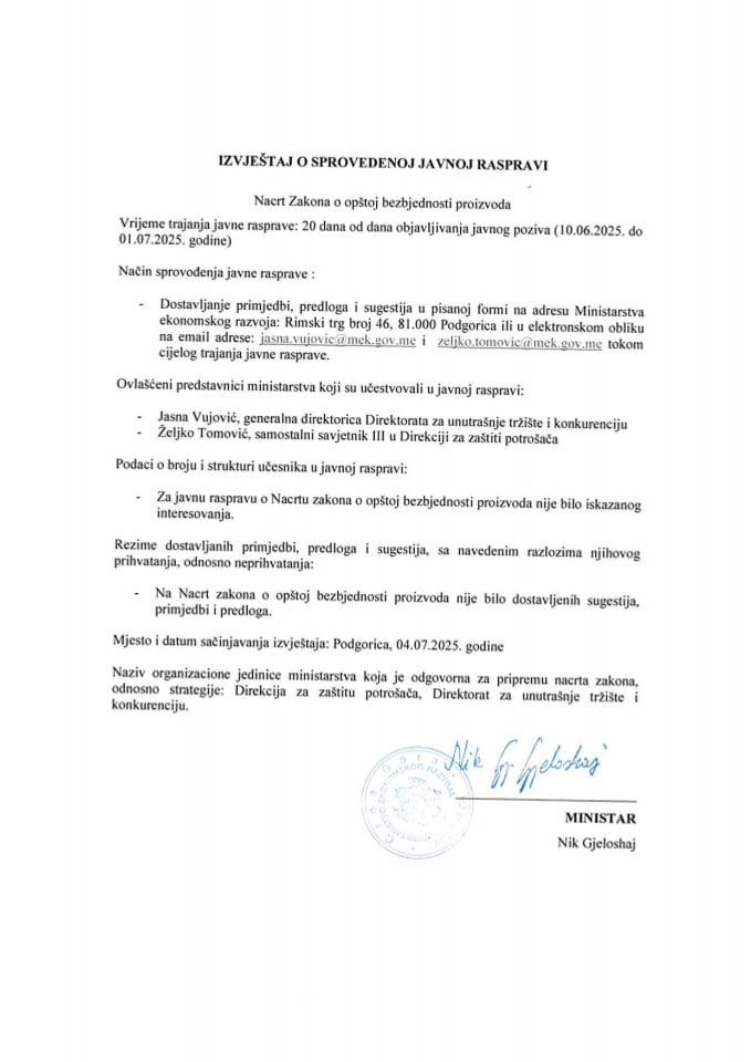 Извјештај о спроведеној јавној расправи_ЗоБП-Нацрт Закона о општој безбједности производа