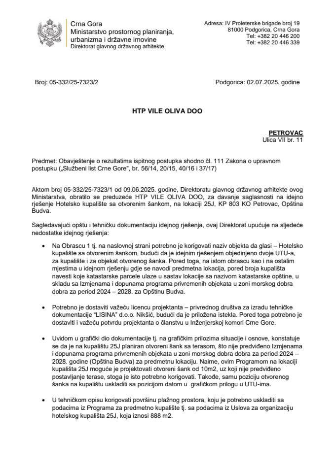 Obavještenja - Program privremenih objekata - 02.07.2025 Obavještenje -HTP VILAE OLIVA, Budva -Opština Budva