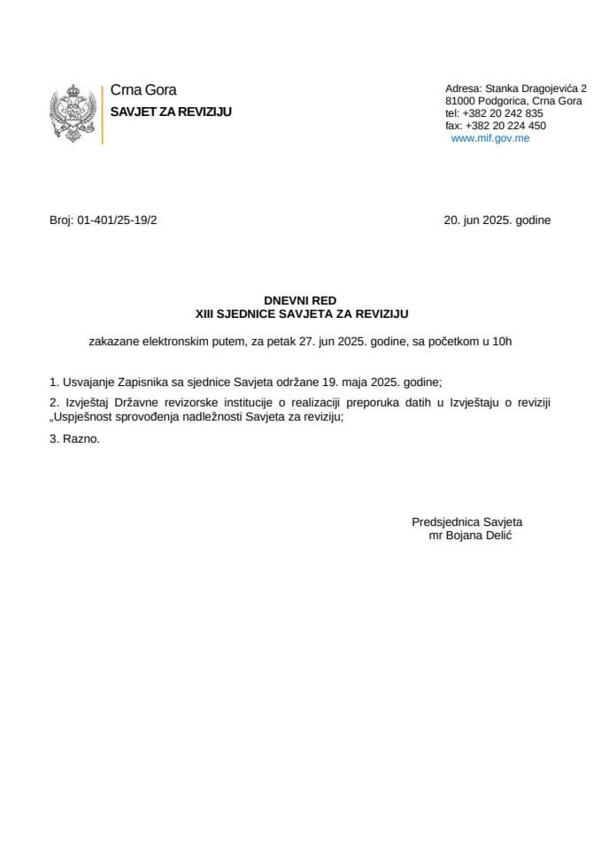 Dnevni red - XIII sjednica Savjeta za reviziju - 27. jun 2025.