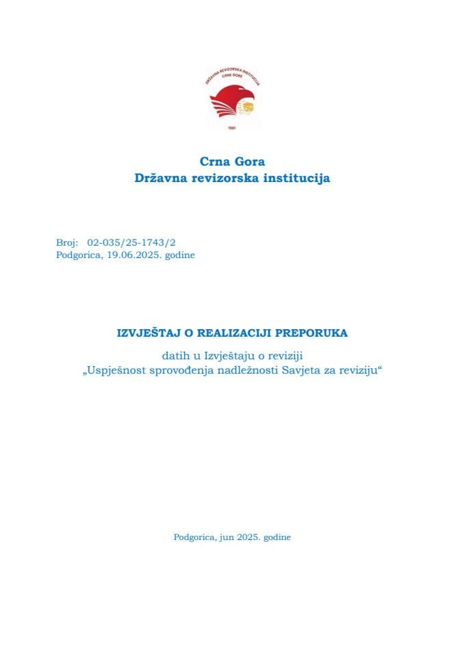 Izvještaj DRI o realizaciji preporuka Savjet za reviziju