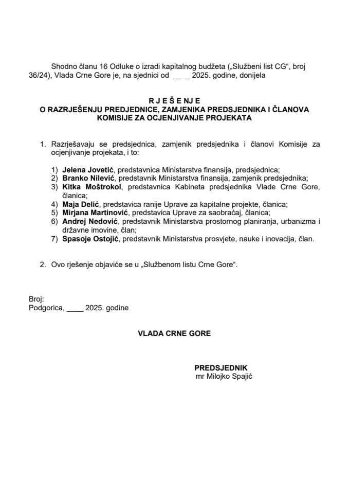 Predlog za razrješenje i imenovanje članova Komisije za ocjenjivanje projekata