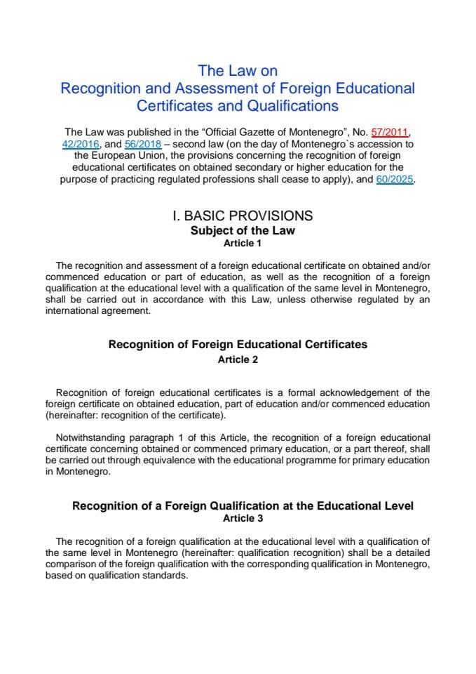 The Law on Recognition and Assessment of Foreign Educational Certificates and Qualifications