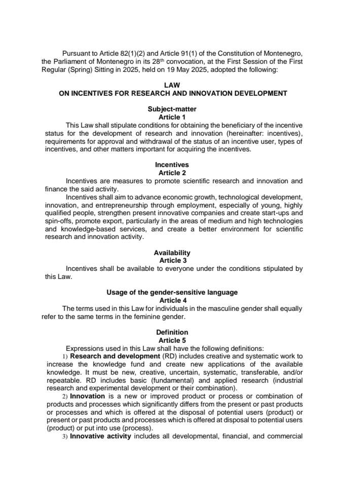 Law on Incentives for Research and Innovation Development