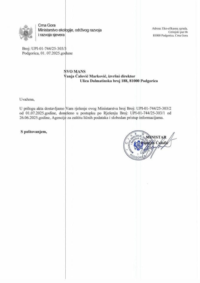 Рјешења - Слободан приступ информацијама - Рјешење по захтјеву МАНС-а УПИ-01-744/25-303/3 од 01.07.2025