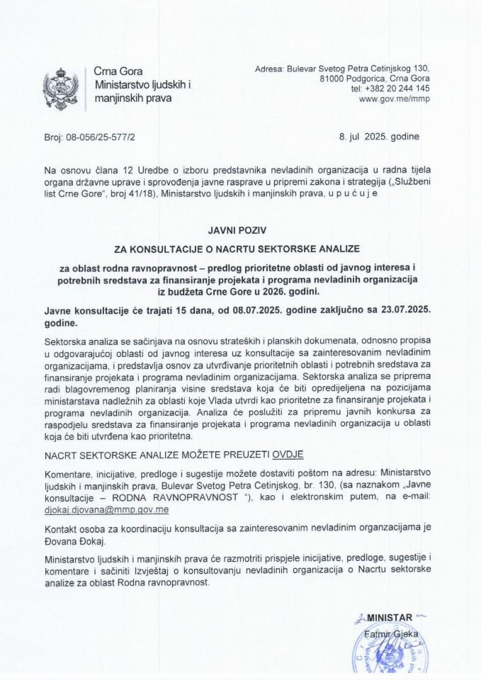 Javni poziv za Sektorsku Rodna