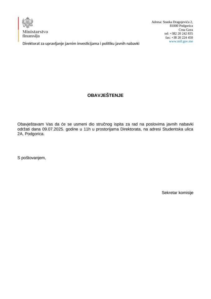 OBAVJEŠTENJE USMENI ROK