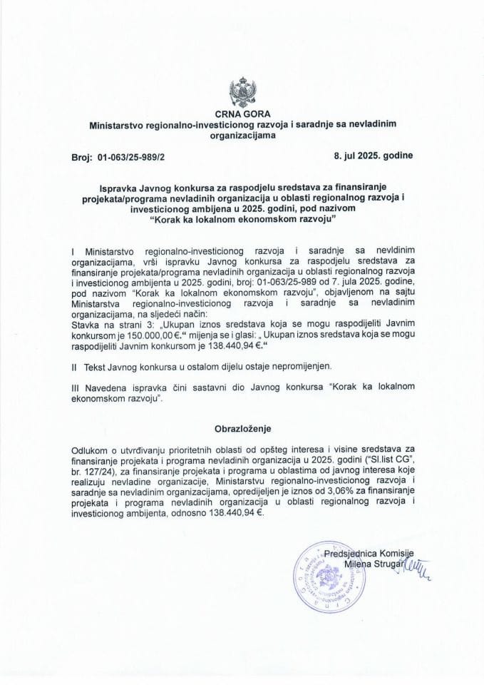 Ispravka Javnog konkursa “KORAK KA LOKALNOM EKONOMSKOM RAZVOJU″