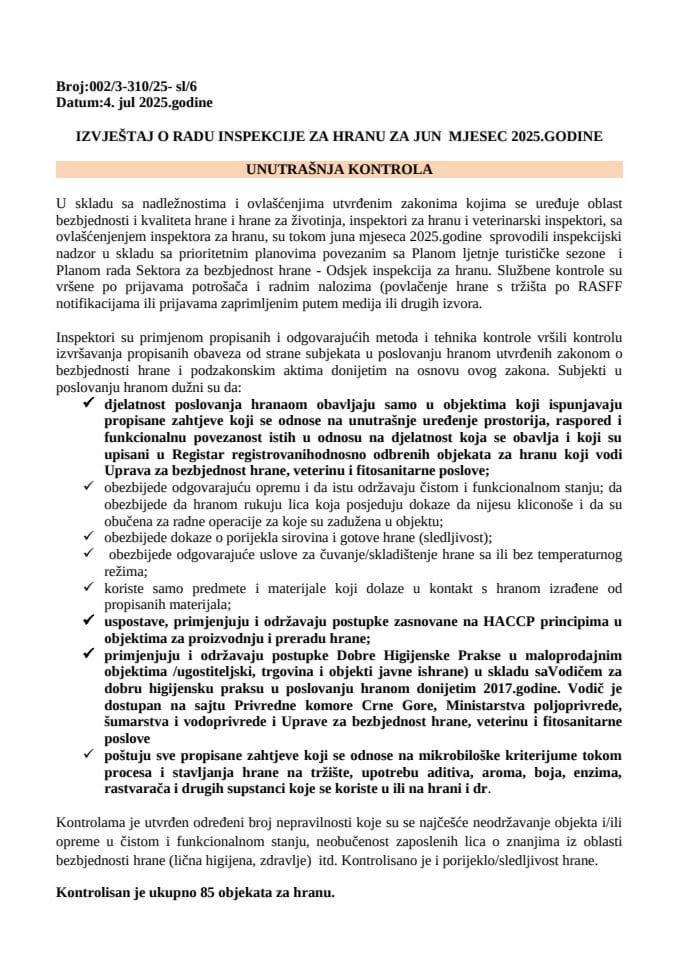 Izvještaj o radu inspekcije za hranu - jun 2025.