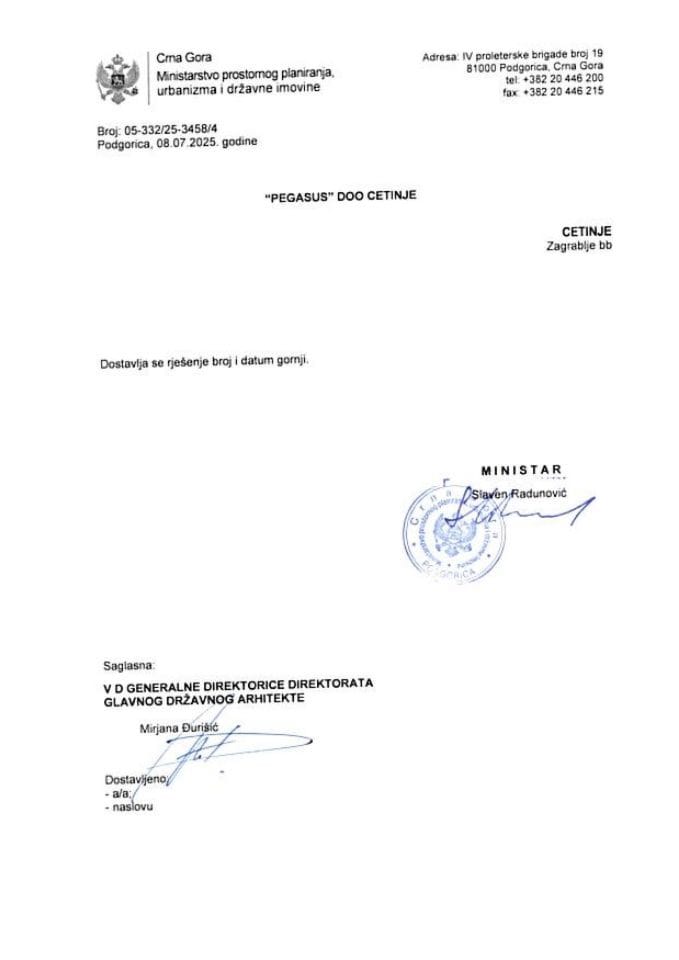 Rješenja glavnog državnog arhitekte - 08.07.2025 Rješenje -PEGASUS DOO, Cetinje -Opština Kotor
