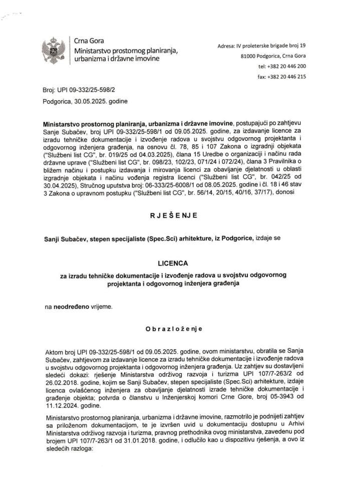 Licenca ovlašćenog inženjera za arhitektonsku djelatnost - UPI 09-332-25-598-2 SANJA SUBAČEV
