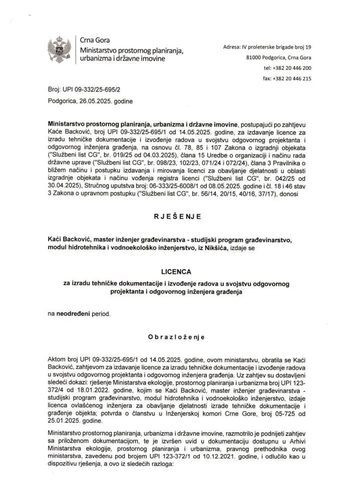 Licenca ovlašćenog inženjera za građevinsku djelatnost - UPI 09-332-25-695-2 KAĆA BACKOVIĆ