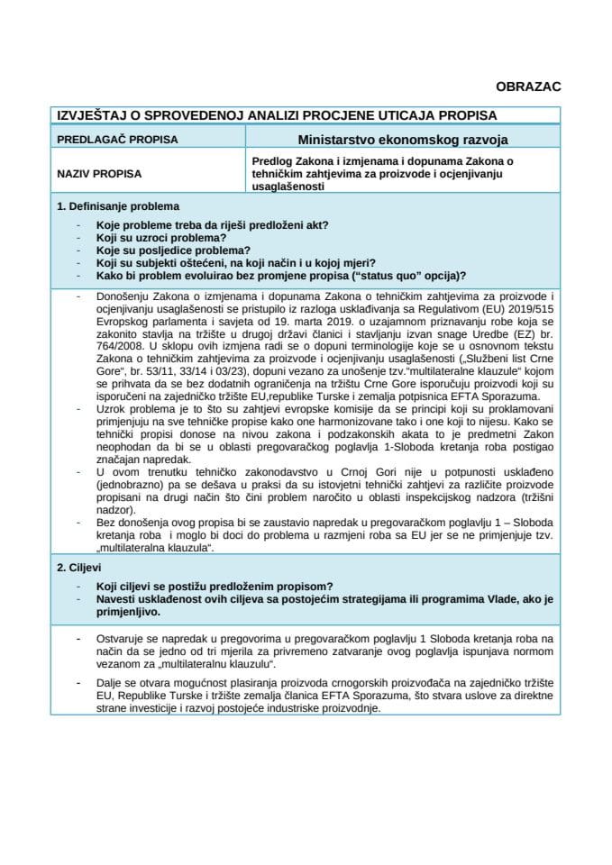 RIA obrazac o tehničkim zahtjevima za proizvode i ocjenjivanje usaglašenosti
