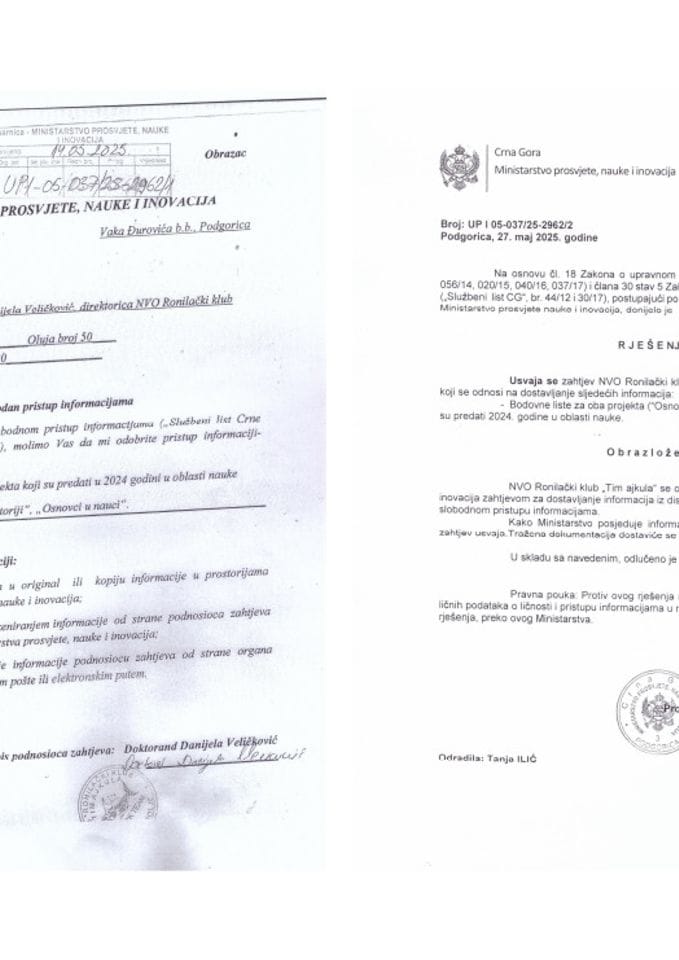 Zahtjev i rješenje - bodvne liste za dva projekta u oblasti nauke