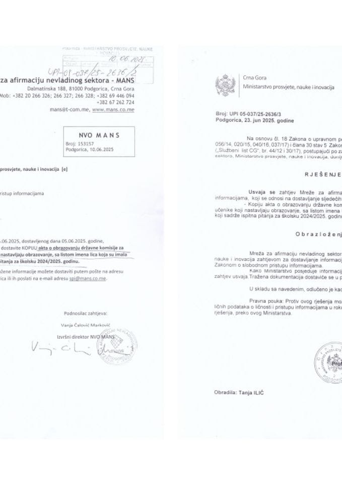 Zahtjev i rješenje - informacija o Komisiji za polaganje stručnog ispita