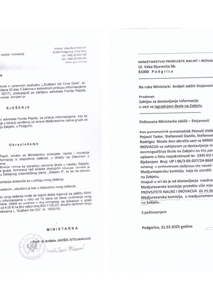 Zahtjev i rješenje - izgradnja škole na Zabjelu