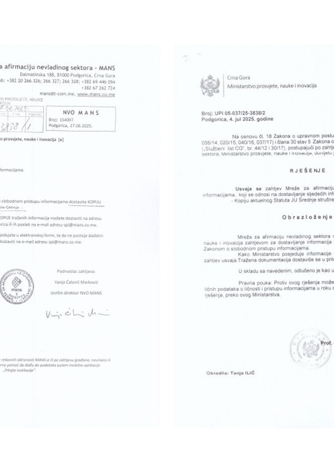 Zahtjev i rješenje - Kopija statuta JU Srednja stručna škola Cetinje