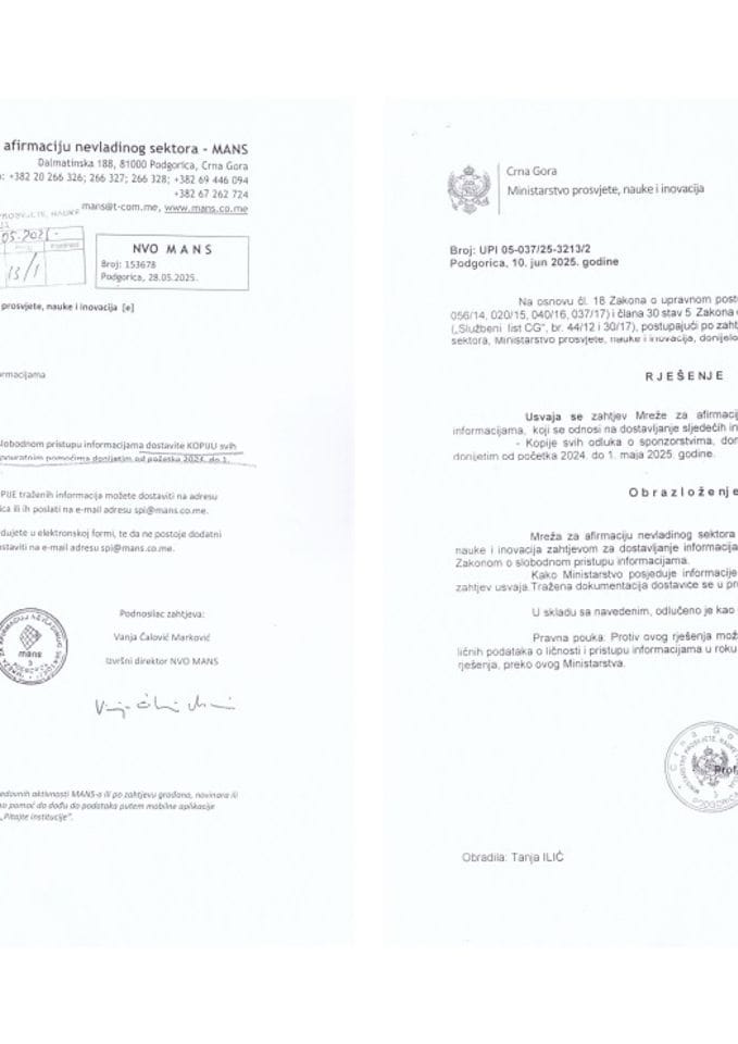 Zahtjev i rješenje - odluke o sponzorstvima i donacijama