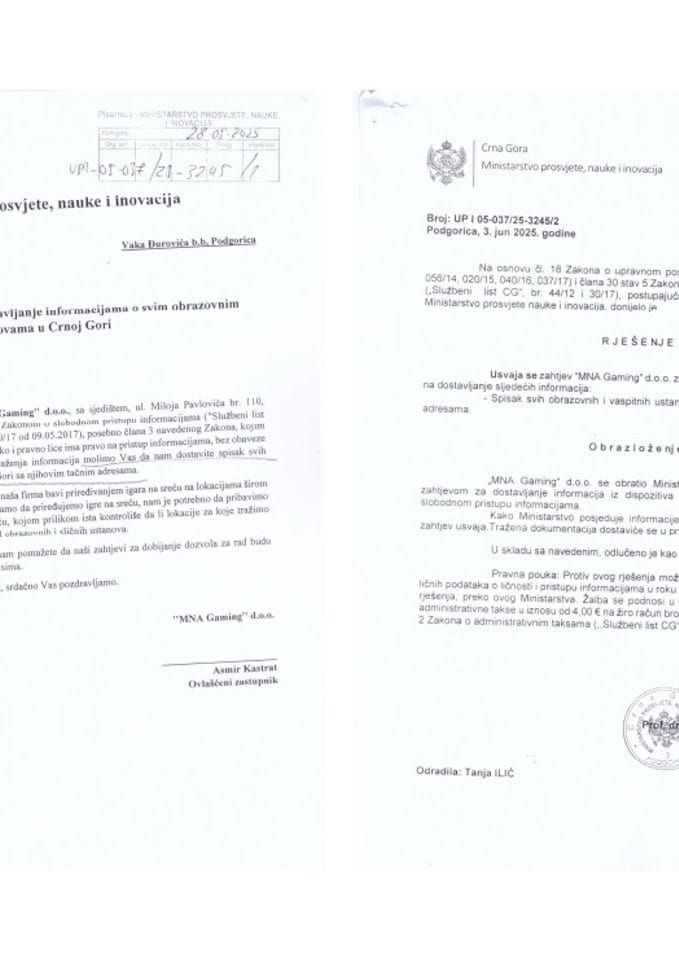 Zahtjev i rješenje - spisak ustanova obrazovanja