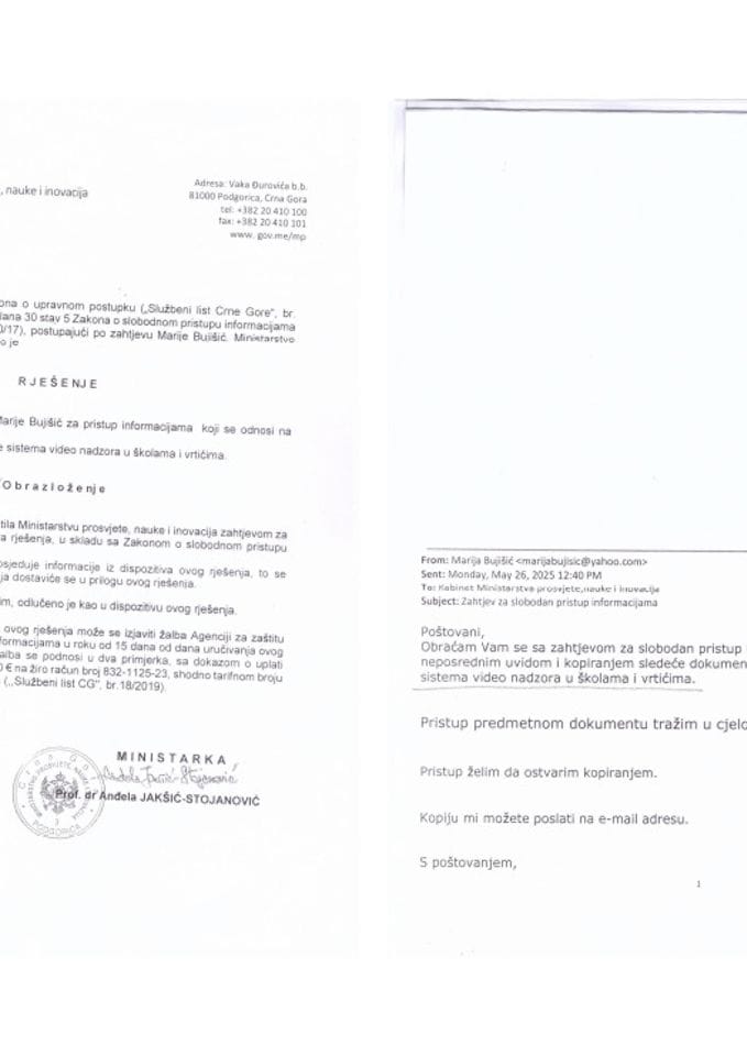 Zahtjev i rješenje - Uputstvo za uvođenje video nadzora u vrtićima i školama