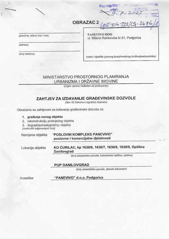 Zahtjevi za izdavanje građevinske dozvole - UPI 06_333_25_2676_1 Panevivo DOO