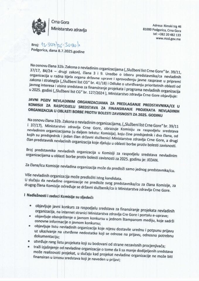 Javni poziv NVO za predlaganje predstavnika u komisiji-finansiranje projekata u oblasti borbe protiv bolesti zavisnosti