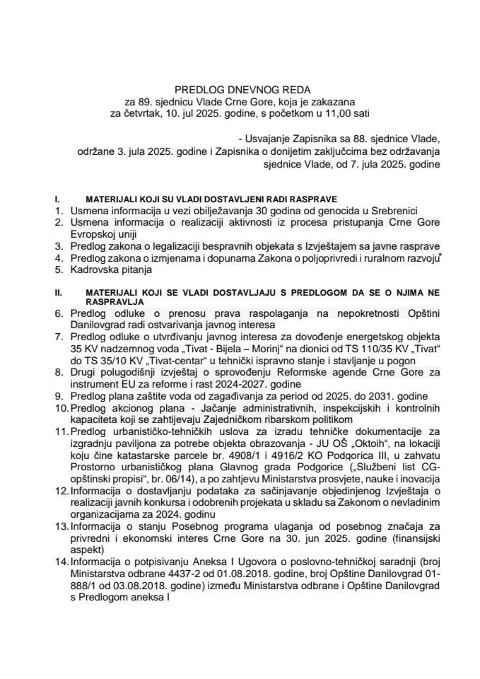 Предлог дневног реда за 89. сједницу Владе Црне Горе