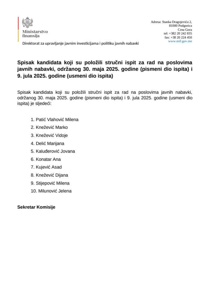 Списак кандидата који су положили стручни испит за рад на пословима јавних набавки, одржаног 30. маја 2025. године (писмени дио испита) и 9. јула 2025. године (усмени дио испита)